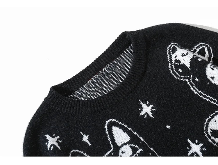 Aolamegs Sweaters Men Japanese Retro Cute Cat O-Neck Jumpers Advanced College Style Fashion Knitted Tops Loose Casual Streetwear Street King Limited