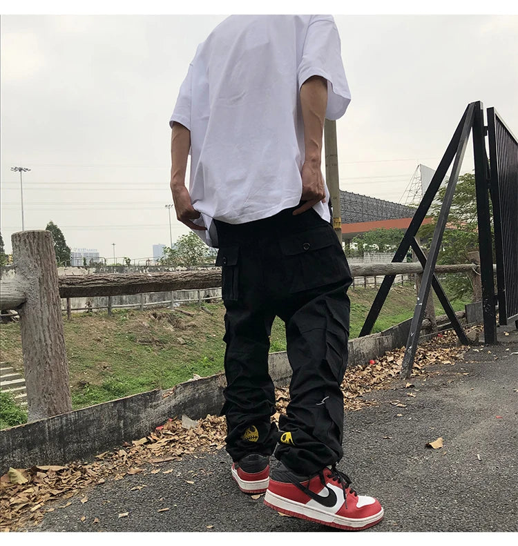 mens high street smilely loose cargo pants casual zipper straight jeans hip hop side pockets loose fit streetwear casual joggers unique joggers style 2479