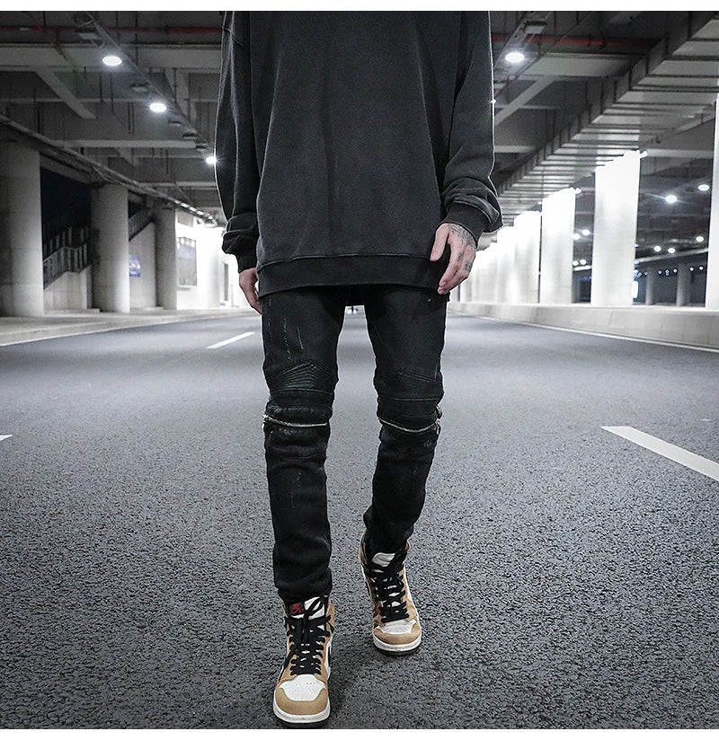knee zipper hole patckwork skinny denim jeans men casual slim biker trousers jeans fashion streetwear hip hop jean pants joggers unique joggers style 19