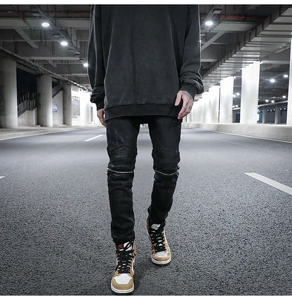 knee zipper hole patckwork skinny denim jeans men casual slim biker trousers jeans fashion streetwear hip hop jean pants joggers unique joggers style 19