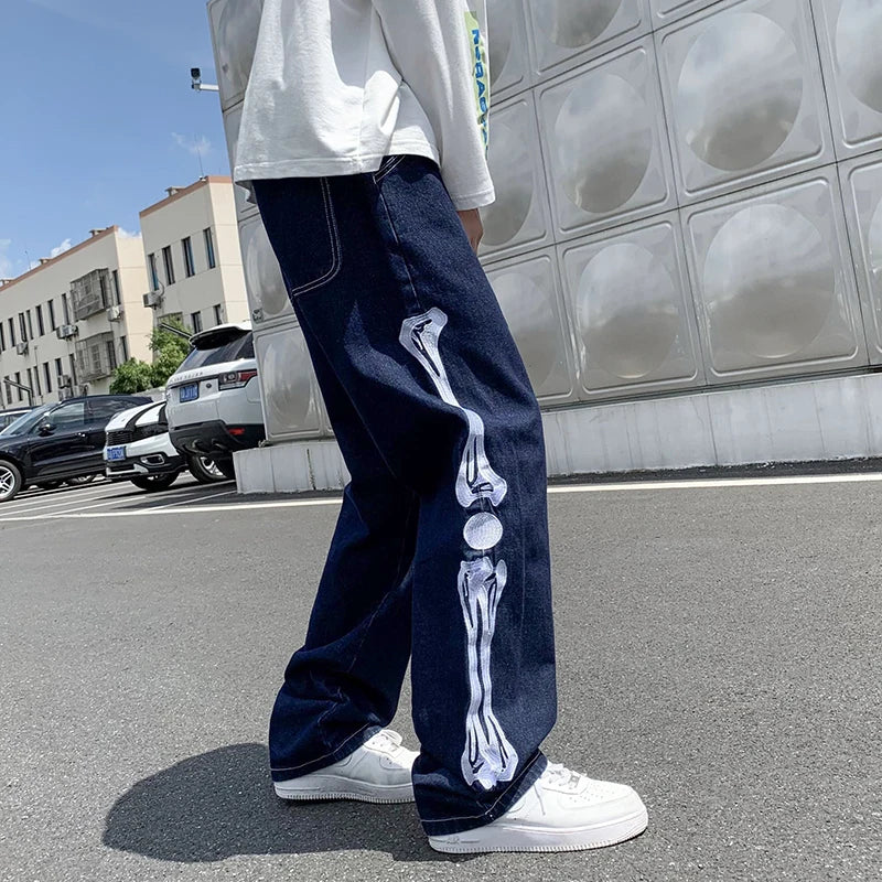 skeleton embroidery straight jean pants couples mopping trousers mens streetwear denim pants mens clothing jeans for men baggy urban skinny jeans