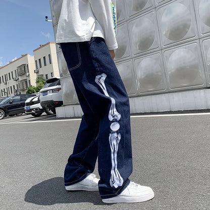 skeleton embroidery straight jean pants couples mopping trousers mens streetwear denim pants mens clothing jeans for men baggy urban skinny jeans