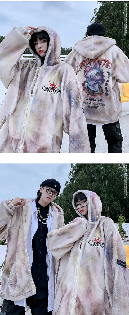 mens hip hop cats harajuku printed fleece jackets coats hairy zipper oversize hoodies outerwears warm thick streetwear parkas unique default style 4891
