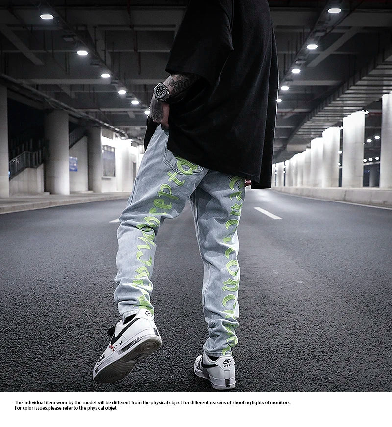 men back letter embroidery denim jean pants fashion slim zipper biker jeans trouser new casual hip hop streetwear pants joggers unique joggers style 290