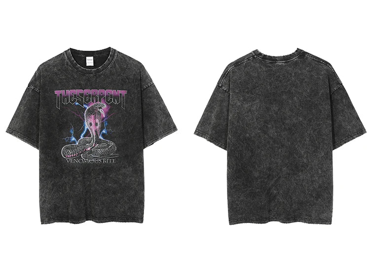 Men Washed T Shirt Hip Hop Streetwear Lightning Snake Print T-Shirt Harajuku Cotton Casual Tshirt Short Sleeve Tops Tees Black Street King Limited