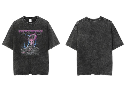 Men Washed T Shirt Hip Hop Streetwear Lightning Snake Print T-Shirt Harajuku Cotton Casual Tshirt Short Sleeve Tops Tees Black Street King Limited