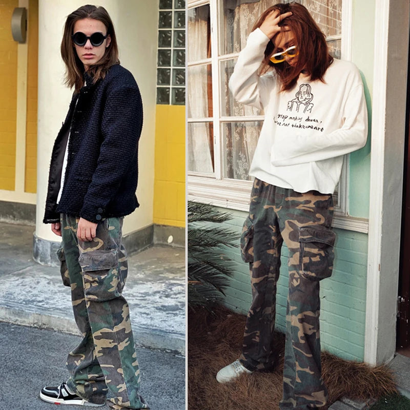 2023 camouflage micro flare pants fashionable streetwear camo cargo pants for male slim fit trousers women baggy casual clothes baggy cargo bottoms