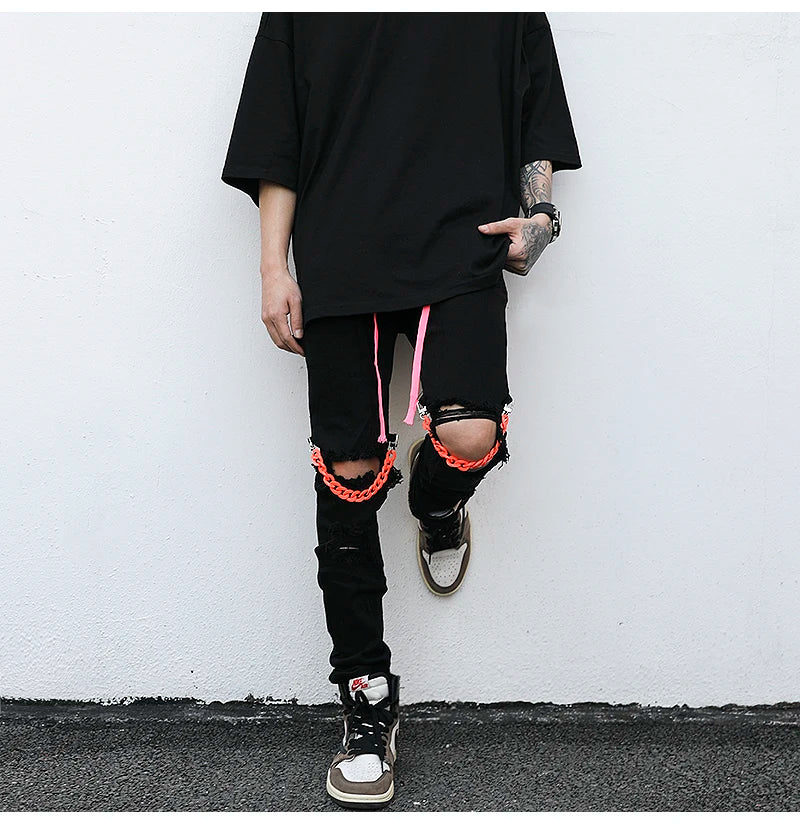 high street knee hole with chain ripped biker jeans mens slim fit denim pants autumn new streetwear casual hip hop pants joggers unique joggers style 3246