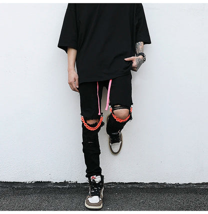 high street knee hole with chain ripped biker jeans mens slim fit denim pants autumn new streetwear casual hip hop pants joggers unique joggers style 3246