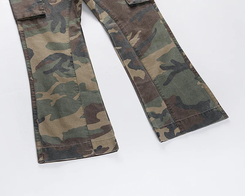 2023 camouflage micro flare pants fashionable streetwear camo cargo pants for male slim fit trousers women baggy casual clothes unique cargo style 2652