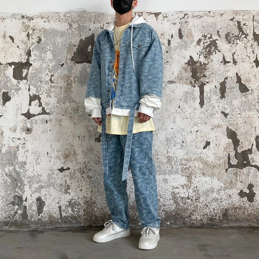 2 pieces sets men fashion patchwork single breast denim jeans hooded jacket coat and loose straight pants joggers streetwear set relaxed fit joggers