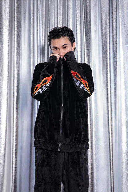 2 pieces set men embroidery velvet zipper jacket and elastic waist loose straight pants sweatsuit hip hop tracksuits sweatsuit unique default style 3298