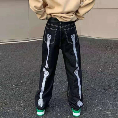 retro skull hand bone embroidery washed mens jeans pants vibe style straight casual oversize denin trousers streetwear denim street jeans