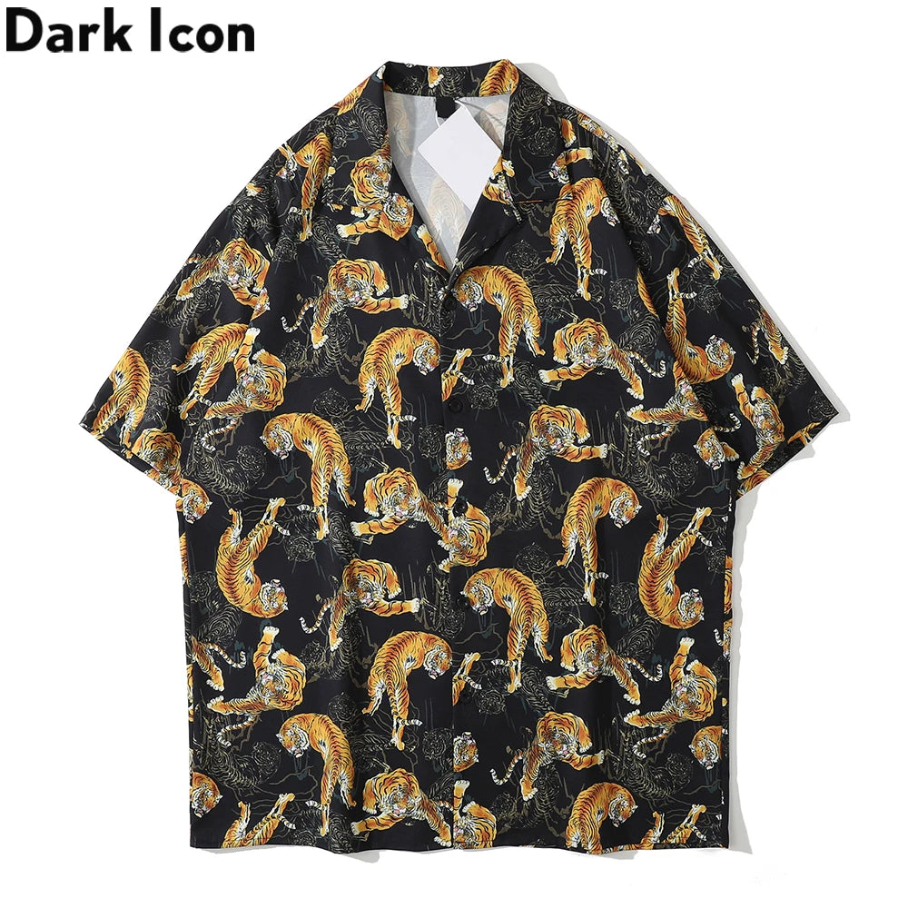 Dark Icon Tiger Print Street Fashion Men's Shirt 2021 Summer Polo Shirt Thin Material Hawaiian Shirt Male Blouse Street King Limited