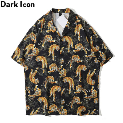 Dark Icon Tiger Print Street Fashion Men's Shirt 2021 Summer Polo Shirt Thin Material Hawaiian Shirt Male Blouse Street King Limited