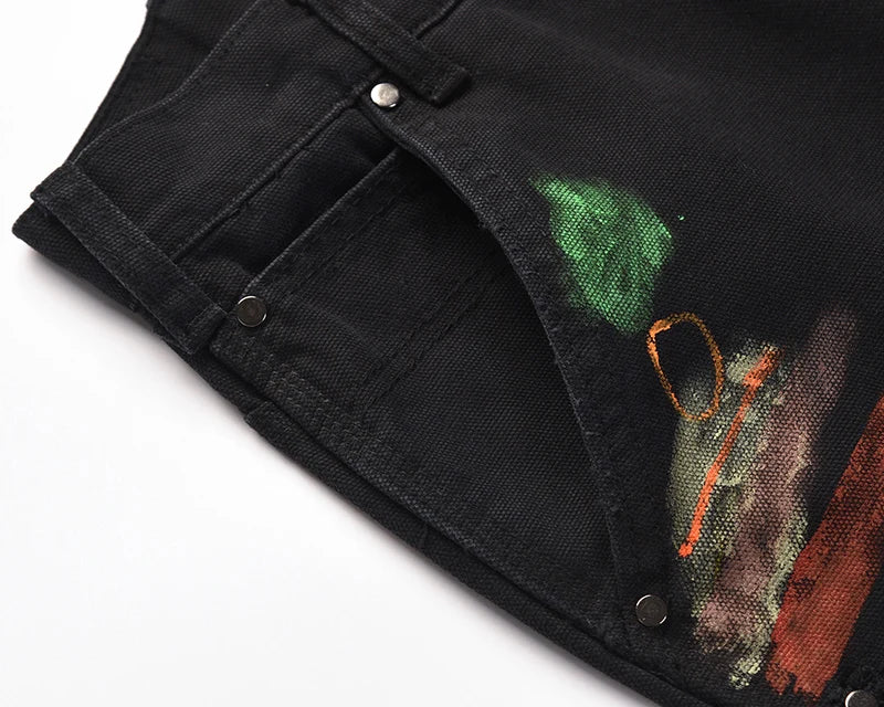 Graffiti Ink Painted Wide Leg Flare Pants Mens Streetwear Straight Casual Jeans Harajuku Washed Retro Loose Denim Trousers Street King Limited