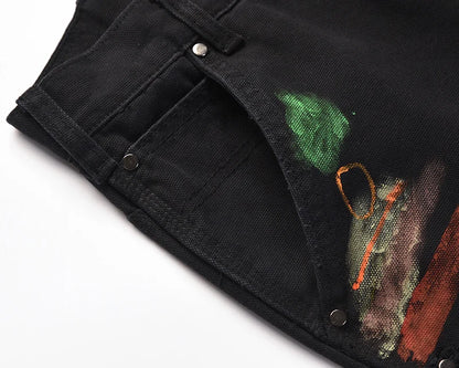 Graffiti Ink Painted Wide Leg Flare Pants Mens Streetwear Straight Casual Jeans Harajuku Washed Retro Loose Denim Trousers Street King Limited