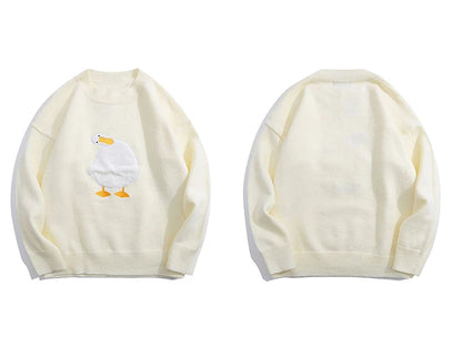 Men Harajuku Sweater Cartoon Duck Goose Embroidery Knitted Pullover Japanese College Style O-Neck Jumper Unisex Spring Autunm Street King Limited