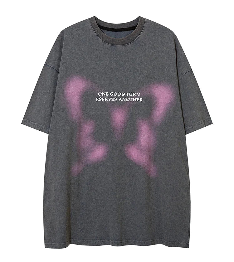 Aolamegs Butterfly Inkjet Letter Print Washed T-shirt Men Short Sleeve Tops Retro High Street Baggy Oversized Tees Shirts Couple Street King Limited