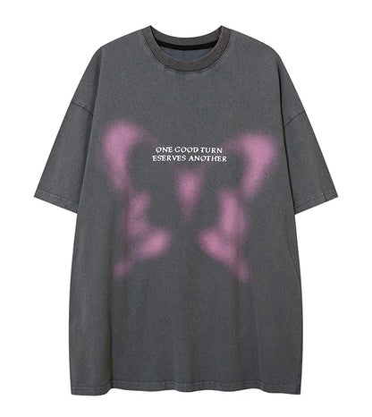 Aolamegs Butterfly Inkjet Letter Print Washed T-shirt Men Short Sleeve Tops Retro High Street Baggy Oversized Tees Shirts Couple Street King Limited
