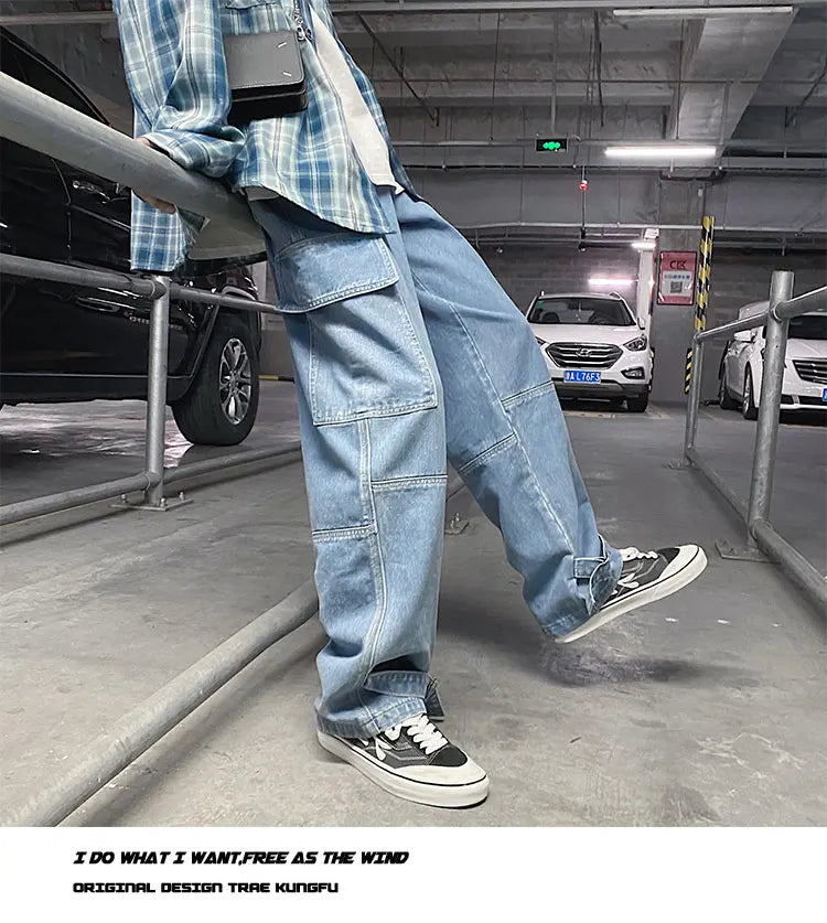 men jeans wide leg denim pants loose straight baggy mens jeans hip hop streetwear skateboard neutral denim trousers cargo jeans unique cargo style 2468