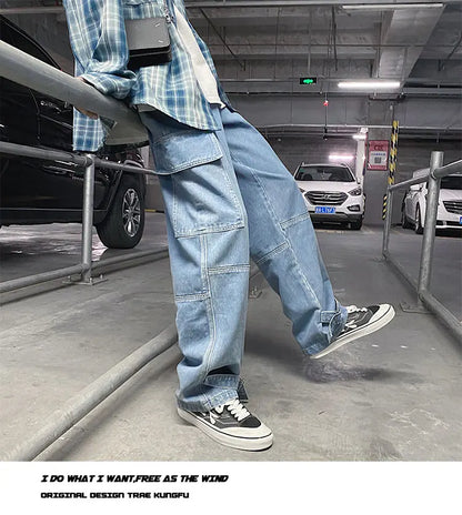 men jeans wide leg denim pants loose straight baggy mens jeans hip hop streetwear skateboard neutral denim trousers cargo jeans unique cargo style 2468
