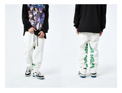 men jeans hip hop letters embroidery denim jeans high street casual loose straight elastic waist joggers hip hop streetwear pant unique joggers style 2856
