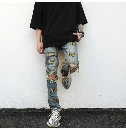high street butterfly embroidery knee ripped hole jeans mens casual hip hop distressed jeans slim fit skinny denim pants joggers unique joggers style 869
