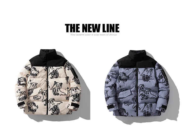 Cotton Padded Thick Parkas Jackets Streetwear Hip Hop Print Windproof Warm Zip Coats Fashion Harajuku Outwear Mens Clothing Street King Limited