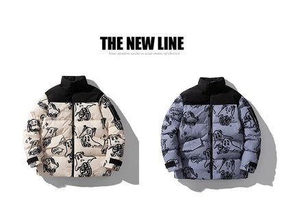 Cotton Padded Thick Parkas Jackets Streetwear Hip Hop Print Windproof Warm Zip Coats Fashion Harajuku Outwear Mens Clothing Street King Limited