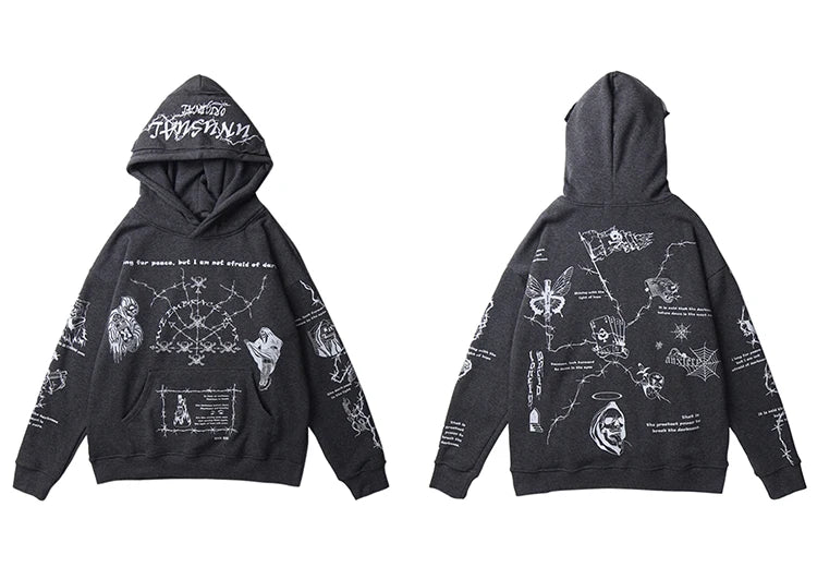 2023 Hip Hop Hoodie Sweatshirt Men Streetwear Skull Graffiti Print Hoodie Pullover Cotton Autumn Grey Harajuku Punk Clothes New Street King Limited