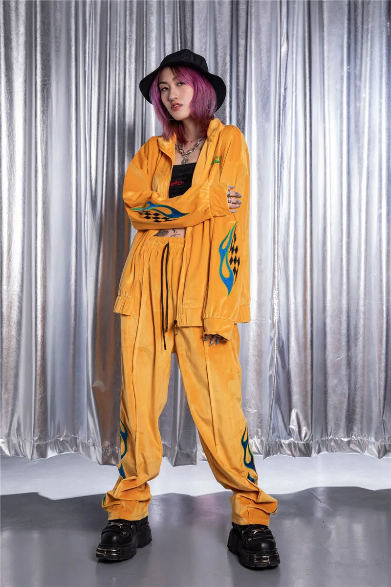 2 pieces set men embroidery velvet zipper jacket and elastic waist loose straight pants sweatsuit hip hop tracksuits sweatsuit minimalist street pants