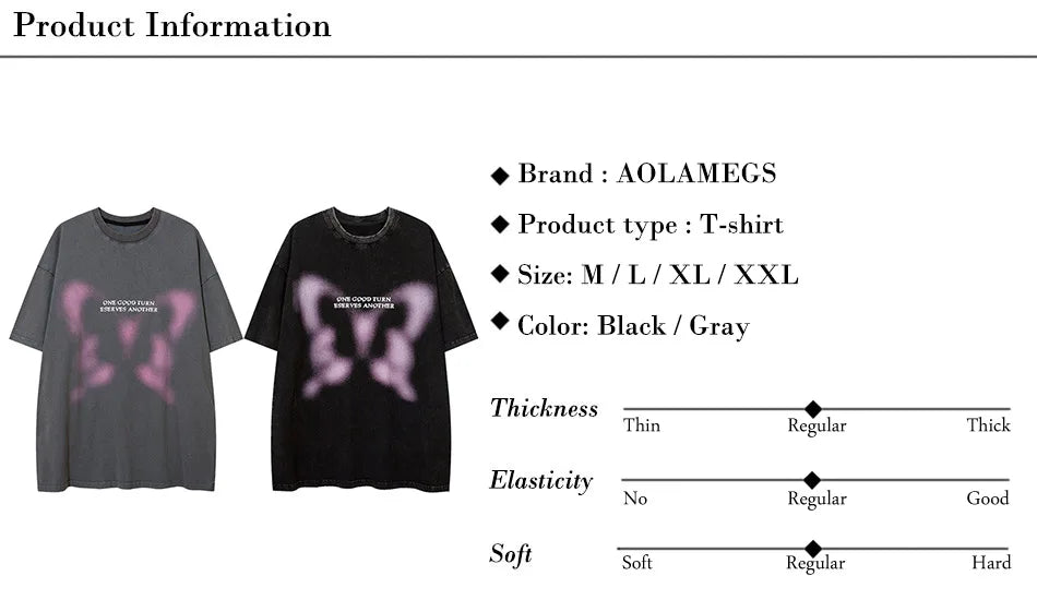 Aolamegs Butterfly Inkjet Letter Print Washed T-shirt Men Short Sleeve Tops Retro High Street Baggy Oversized Tees Shirts Couple Street King Limited