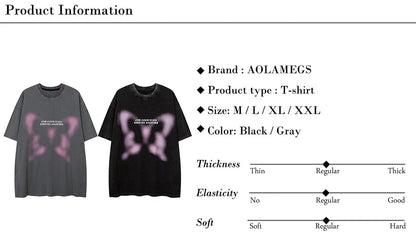 Aolamegs Butterfly Inkjet Letter Print Washed T-shirt Men Short Sleeve Tops Retro High Street Baggy Oversized Tees Shirts Couple Street King Limited
