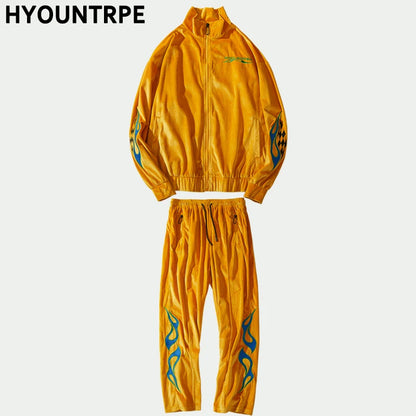 2 pieces set men embroidery velvet zipper jacket and elastic waist loose straight pants sweatsuit hip hop tracksuits sweatsuit unique default style 3290