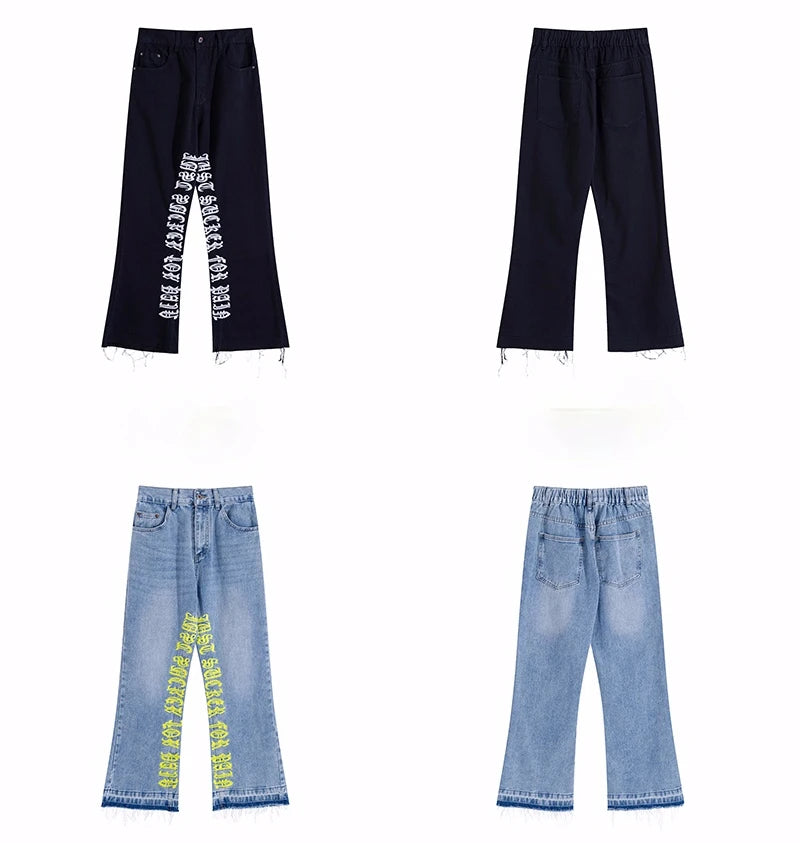 fashion letters embroidery denim flare jeans mens high street elastic waist straight trouser hip hop streetwear pants joggers unique joggers style 3783