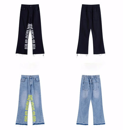 fashion letters embroidery denim flare jeans mens high street elastic waist straight trouser hip hop streetwear pants joggers unique joggers style 3783