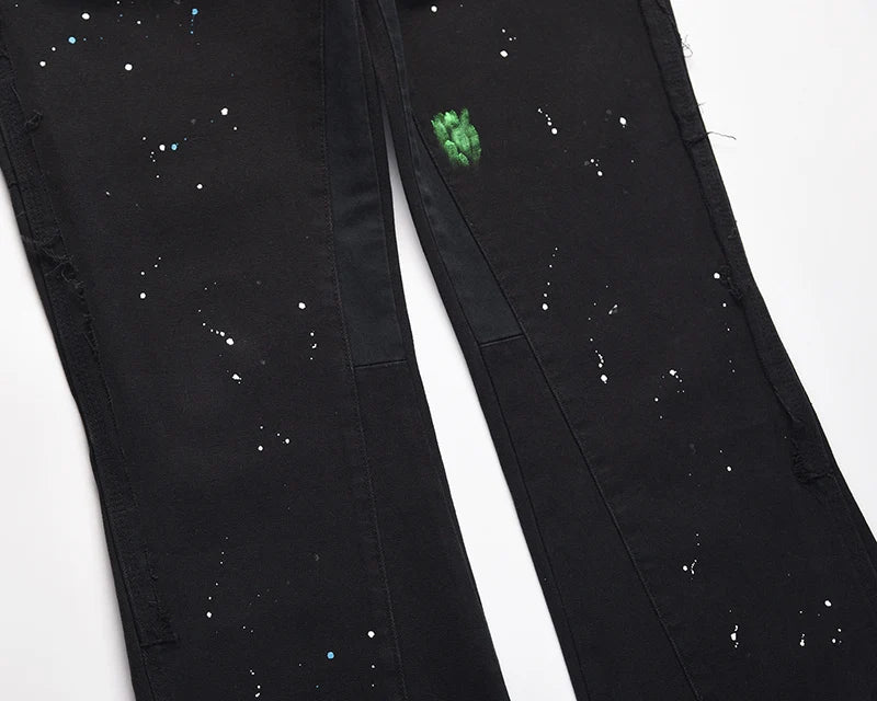 Graffiti Ink Painted Wide Leg Flare Pants Mens Streetwear Straight Casual Jeans Harajuku Washed Retro Loose Denim Trousers Street King Limited
