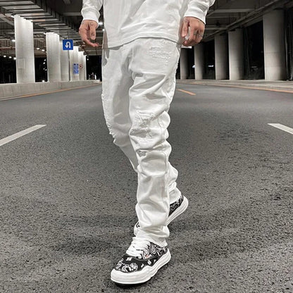 Harajuku Back Zipper Hole Ripped White Jeans Pants Mens Straight Washed Retro Oversized Streetwear Casual Denim Trousers Street King Limited