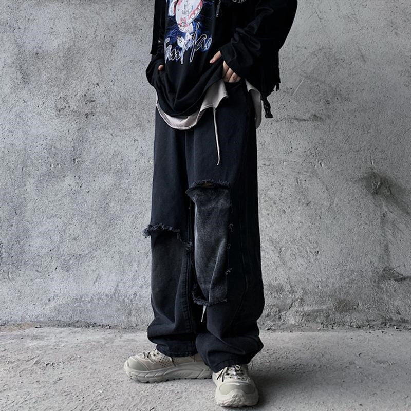 Black Loose Jeans Men High Street Pants Fashion Retro Baggy Ulzzang Ripped Harajuku Summer Casual Hip Hop Pants Streetwear Male Daulet Apparel
