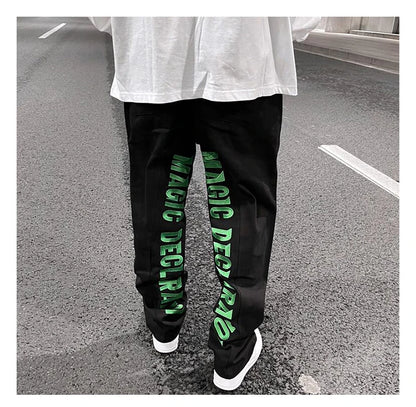 men jeans hip hop letters embroidery denim jeans high street casual loose straight elastic waist joggers hip hop streetwear pant unique joggers style 2853