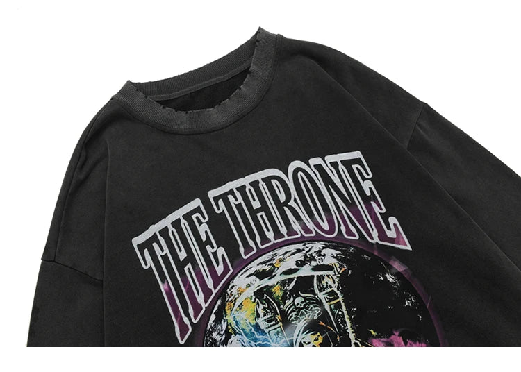 Hip Hop 2023 Men Streetwear Sweatshirt Skull Lightning Print Pullover Ripped Hole Sweatshirt Harajuku Cotton Loose Sweat Shirt Street King Limited
