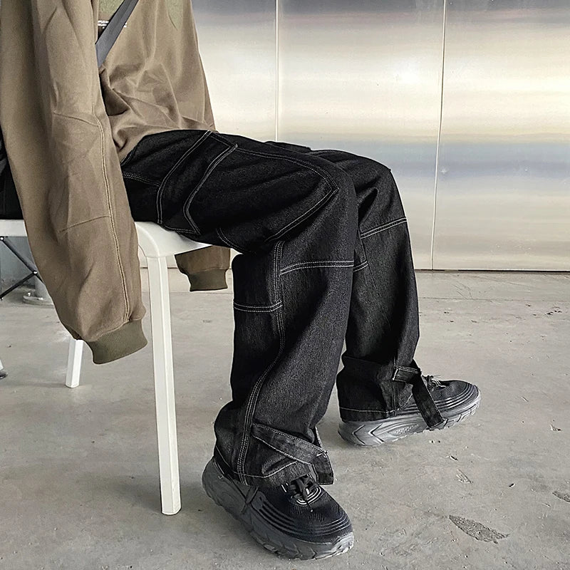 men jeans wide leg denim pants loose straight baggy mens jeans hip hop streetwear skateboard neutral denim trousers cargo jeans combat utility trousers