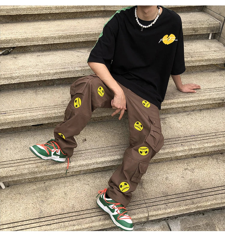 mens high street smilely loose cargo pants casual zipper straight jeans hip hop side pockets loose fit streetwear casual joggers unique joggers style 2473