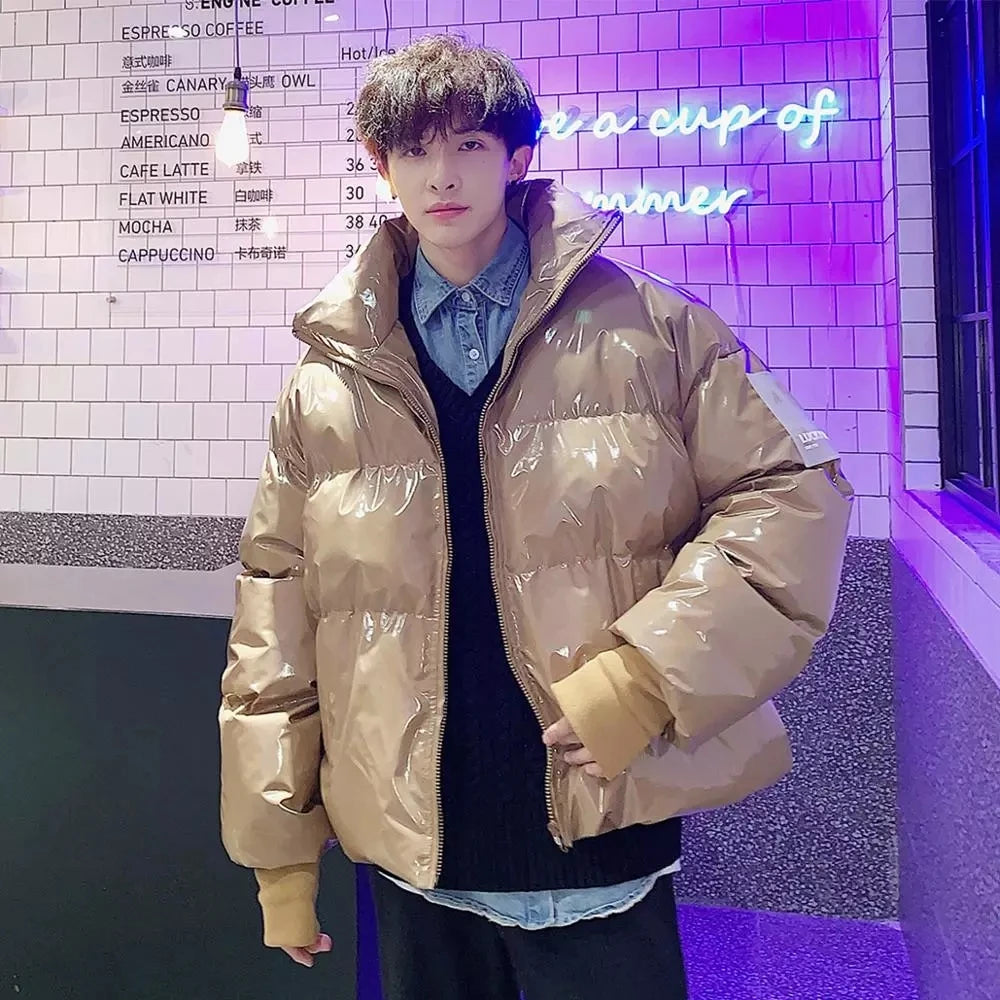NEW Winter collar loose bright leather fabric jacket wind thick warm coat men women couple purple cotton clothing Street King Limited