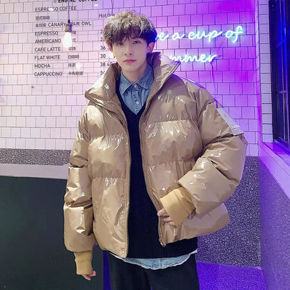 NEW Winter collar loose bright leather fabric jacket wind thick warm coat men women couple purple cotton clothing Street King Limited