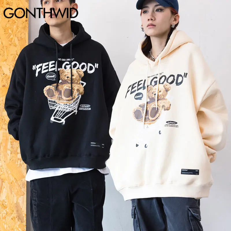 GONTHWID Men Hip Hop Hoodie Sweatshirt Streetwear Funny Bear Print Hooded Harajuku Winter Cotton Fleece Pullover Khaki Black Street King Limited