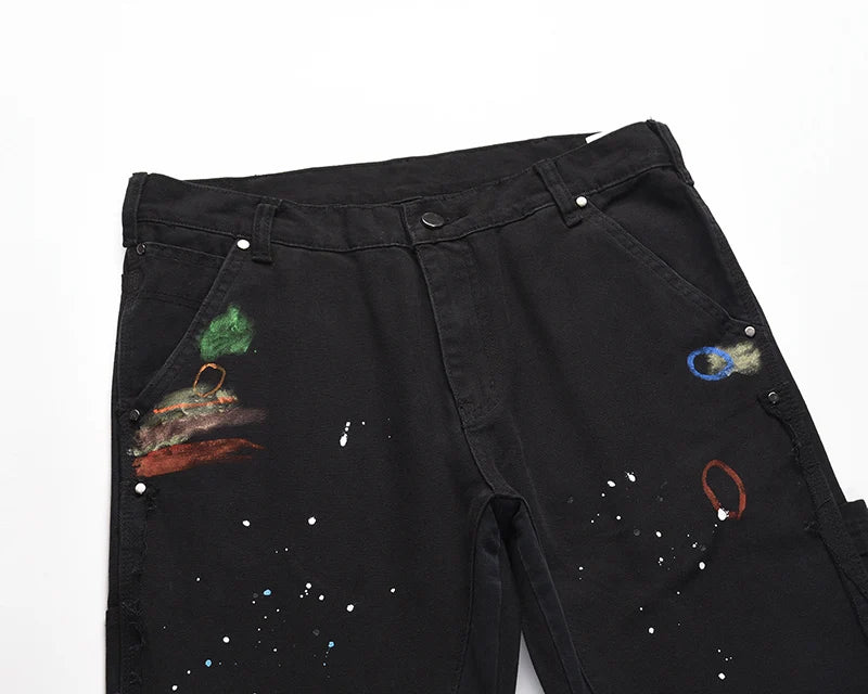 Graffiti Ink Painted Wide Leg Flare Pants Mens Streetwear Straight Casual Jeans Harajuku Washed Retro Loose Denim Trousers Street King Limited