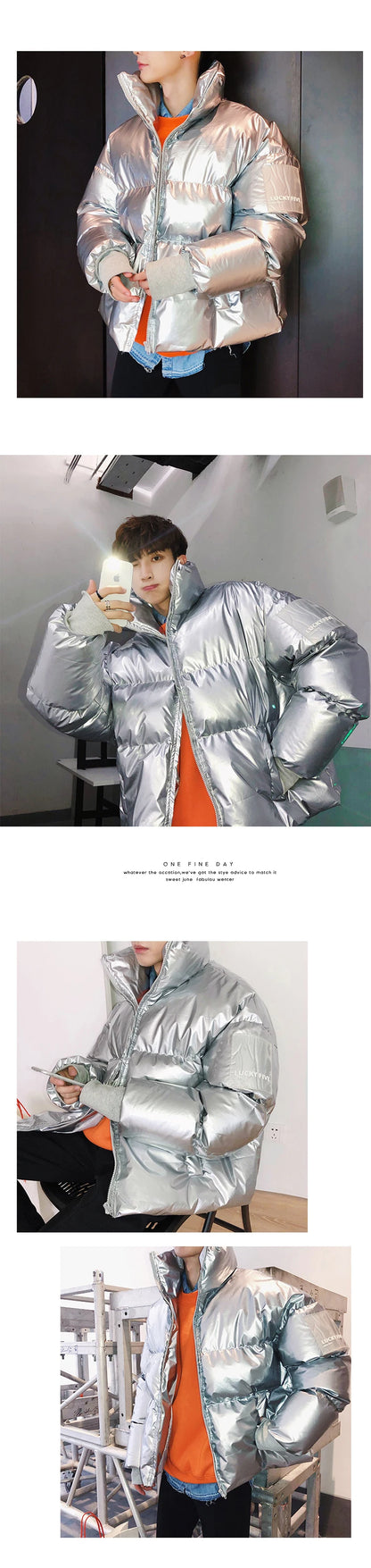 NEW Winter collar loose bright leather fabric jacket wind thick warm coat men women couple purple cotton clothing Street King Limited