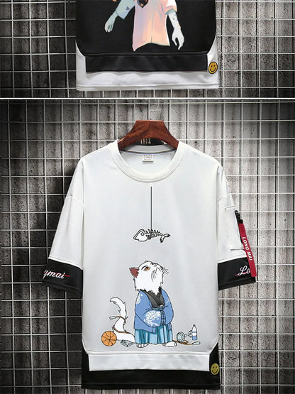 Hip Hop Kahaki T Shirt Short Sleeve Kawaii Harajuku Cat T Shirts Fashion Tee Streetwear Japan High Street Shirt Men 2021 Tops Street King Limited